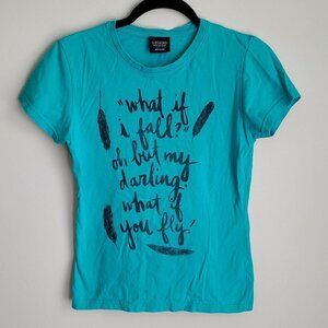 Legend Turquoise 100% Cotton Graphic Feathers Text Scoop Neck T-Shirt Top